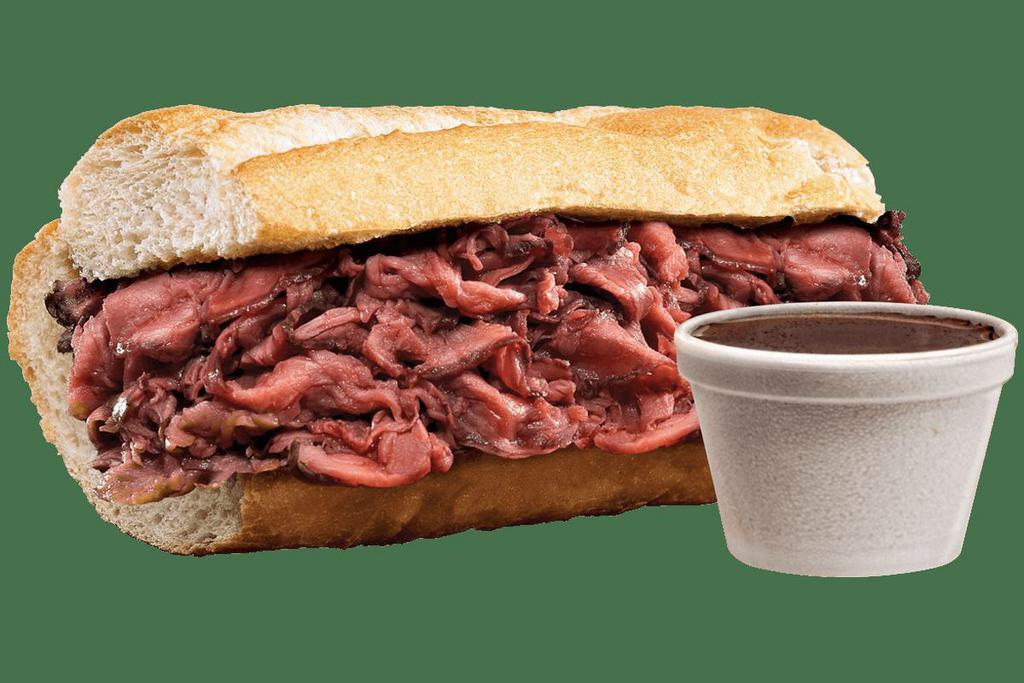 French Dip · Classic, toasted French bread topped with our famous, slow-roasted, thinly-shaved roast beef, served with a side of au jus for dipping. Don’t forget to add some of our horseradish sauce for a little kick.