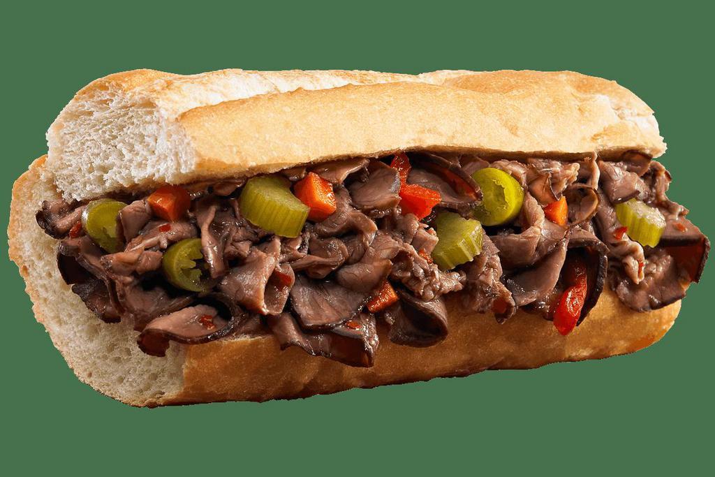 Italian Beef · Our famous roast beef, seasoned with our proprietary blend of Italian herbs and spices and served on toasted French bread. Ask for it topped with your choice of mild or hot giardiniera peppers.