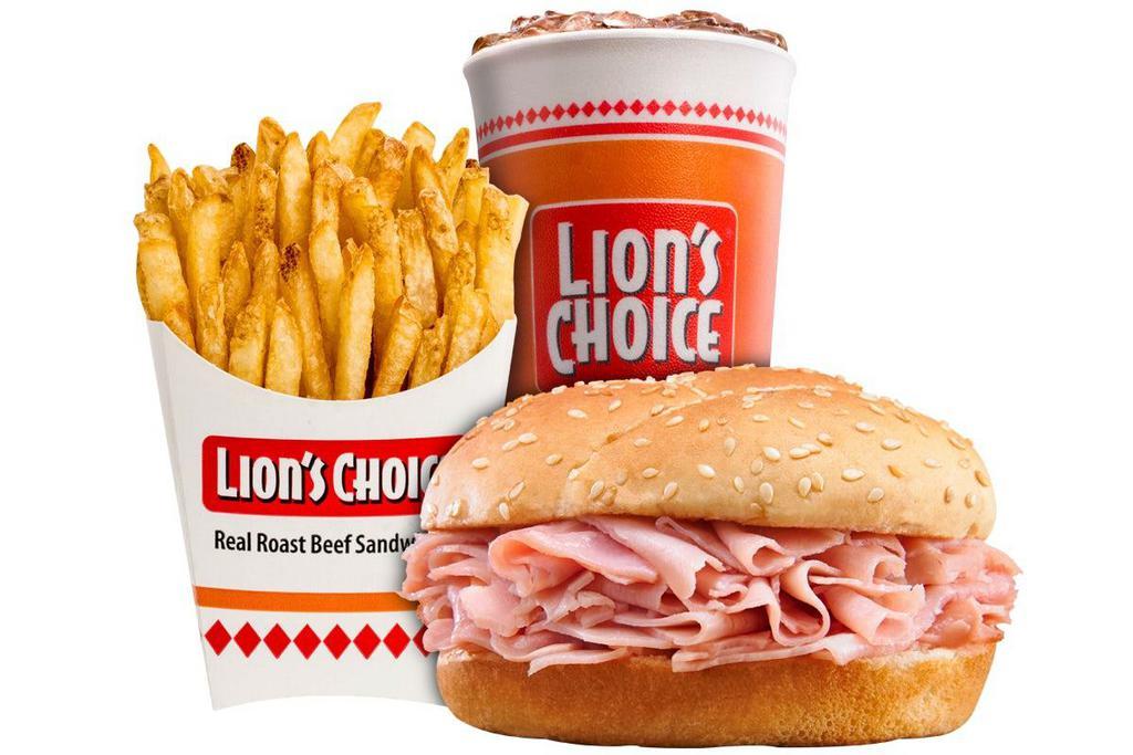 Ham Meal · Our extra lean, natural, hickory-smoked, hand-crafted ham is thinly shaved and piled high and served with a large natural-cut fry and a large drink.