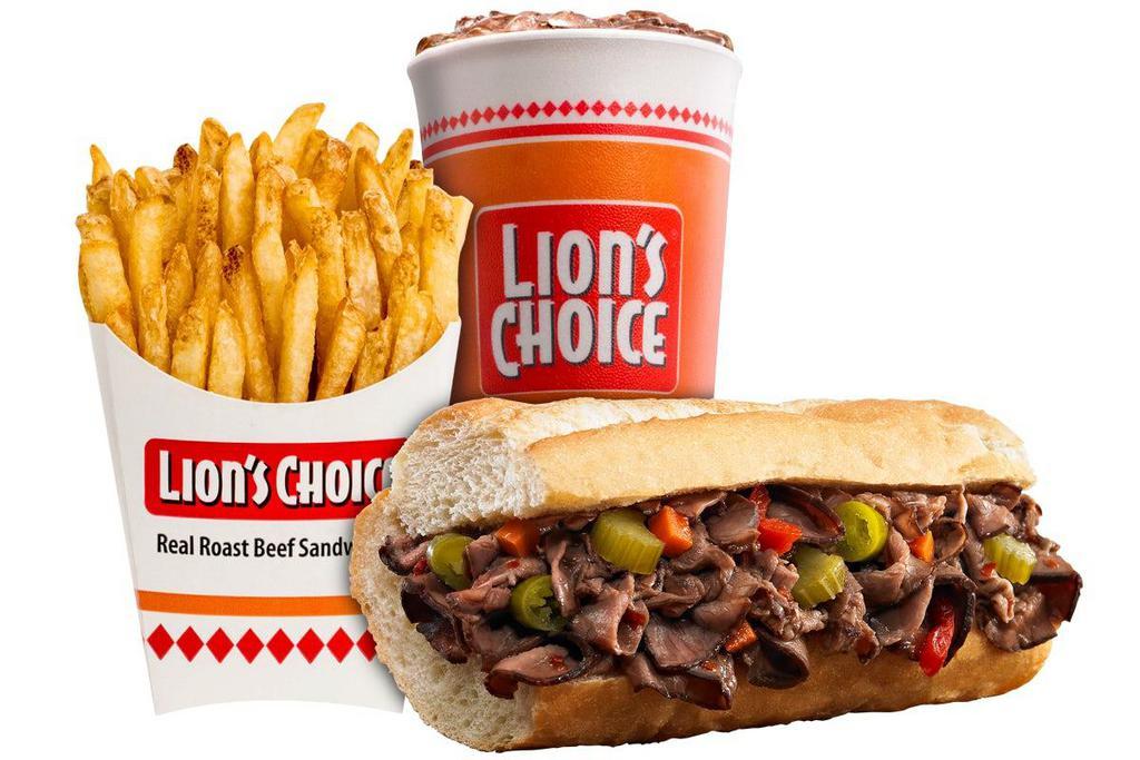 Italian Beef Meal · Our famous roast beef, seasoned with our proprietary blend of Italian herbs and spices and served on toasted French bread along with a large natural-cut fry and large drink.