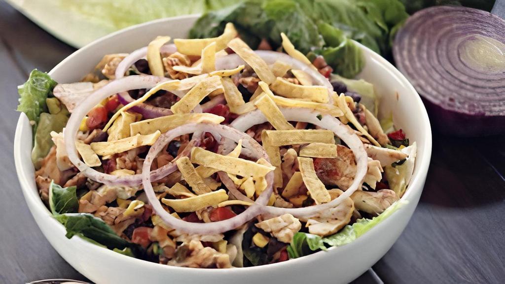 Southwestern With Chicken · Salsa of Roasted Red Peppers, Black Beans, Sweet Corn, Jalapeno Peppers, Cilantro, and Roma Tomatoes. Seasoned with Sliced Chicken, Cheddar Cheese, Red Onions, Crunchy Tortilla Strips, and Chipotle Salsa Ranch Dressing.