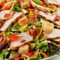 Grilled Chicken Salad · Grilled chicken, bacon, cheddar-jack, tomato, cucumber and croutons on mixed greens.
