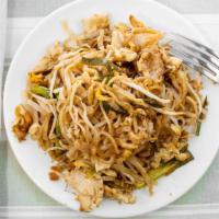 Pad Thai · Rice noodles cooked in a Thai sauce, stir-fried with bean sprouts, green onions, egg, and pe...