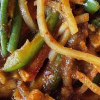 Spicy Bamboo Stir-Fry · Bamboo shoots stir-fried in a curry paste with green beans, bell peppers, and basil.