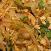 Pad Thai · Rice noodle stir fry made to order with choice of meat or seafood, scrambled egg, peanut, be...