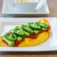 Santa Fe Omelette · Grilled chicken, bacon, cheddar cheese, onions and green peppers, topped with jalapeños, sal...
