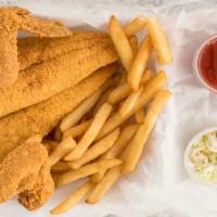 One Catfish Fillet And Four Wings · Served with fries and bread