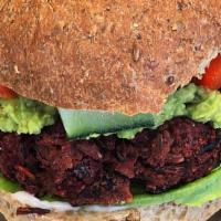 Beet Burger · Ground beet, red onion, mushrooms, black beans, rolled oats, walnuts and blend of spices. To...