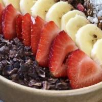 Chocolate Dream Bowl · Banana, hemp milk, avocado, cocoa powder, dates, vegan protein powder. Topped with strawberr...
