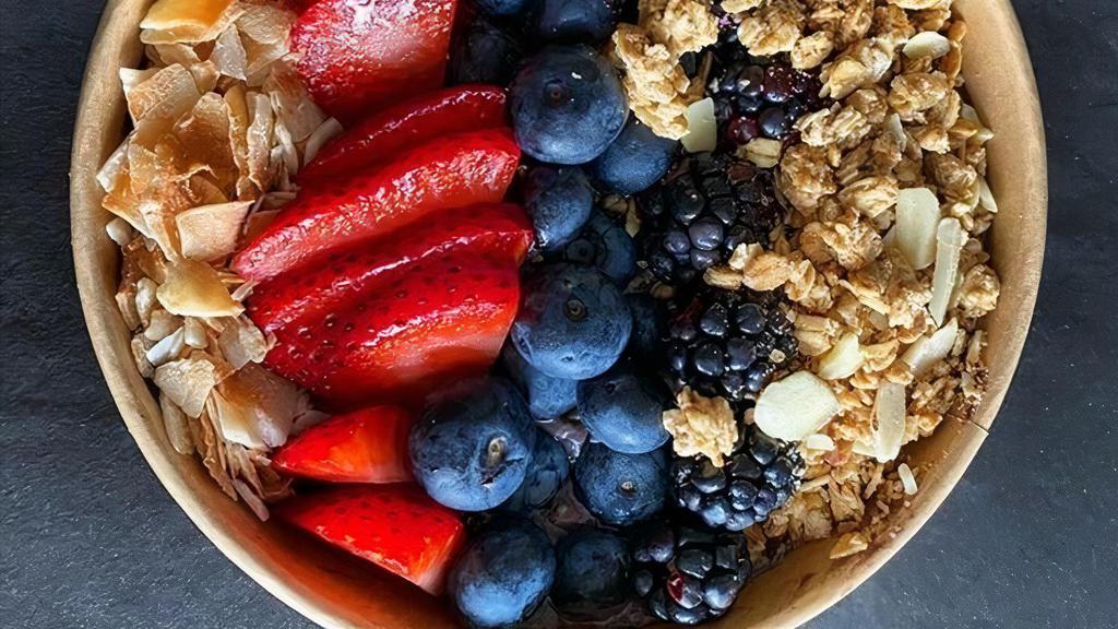 Acai Breakfast Bowl · Acai, banana, avocado, almond milk, almond butter. vegan protein powder. Topped with shredded coconut, and mixed berries.