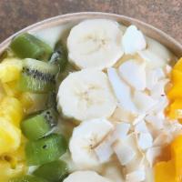 Welcome To Paradise Bowl · Pineapple, mango, banana, hemp milk, topped with shredded coconut, banana, kiwi, pineapple, ...