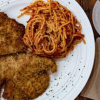 Breaded Chicken · 2 pieces of hand-breaded chicken, pan sauteed.  Served with a side of pasta, salad and a roll.