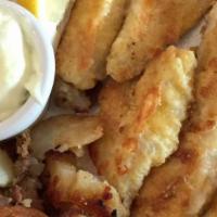 Chicken Tenders · Three hand-breaded chicken tenders with your choice of fresh fruit or fries.