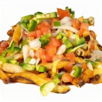Nacho Fries · Large portion of Signature Fresh-Cut Fries topped with our house-made cheese sauce, onions, ...