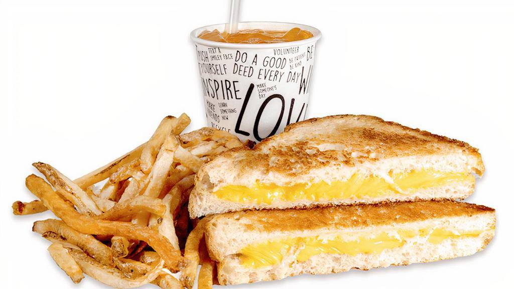 Grilled Cheese Meal · Choice of cheese on country white bread. Includes choice of side (junior portion of Signature Fresh-Cut Fries or carrot sticks with buttermilk ranch) and choice of drink.