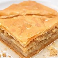 Baklava · Layers of filo filled with walnuts and sweetened syrup.