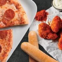 Pizza And Boneless Wings Combo · Five boneless wings (one of 7 flavors), a double slice of cheese or pepperoni pizza.  Includ...