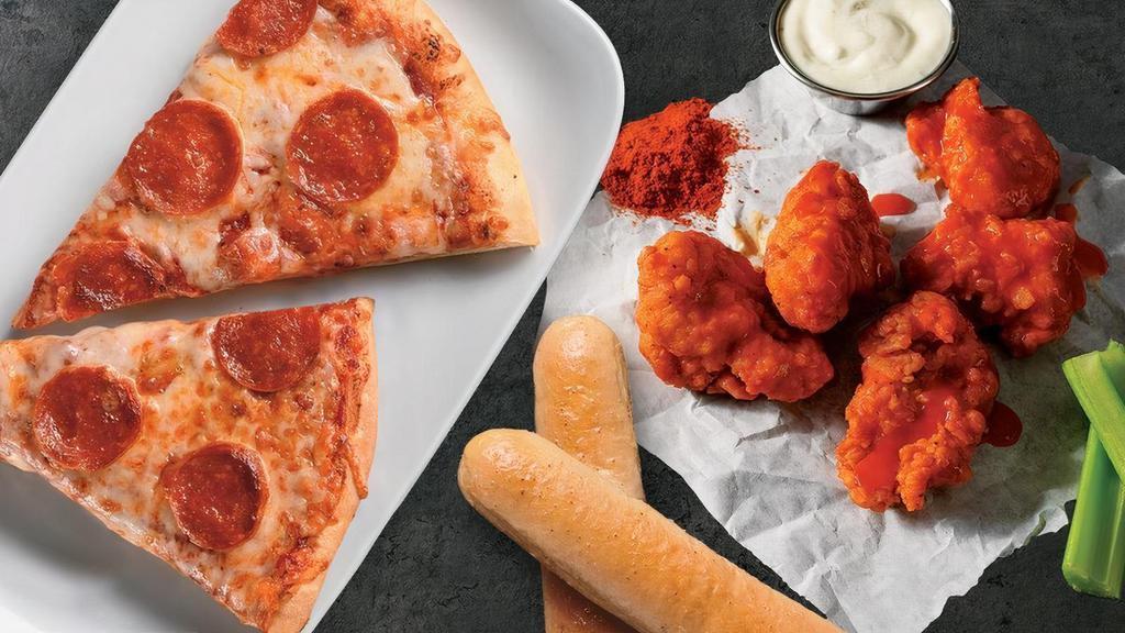 Pizza And Boneless Wings Combo · Five boneless wings (one of 7 flavors), a double slice of cheese or pepperoni pizza.  Includes ranch or blue cheese dipping.
