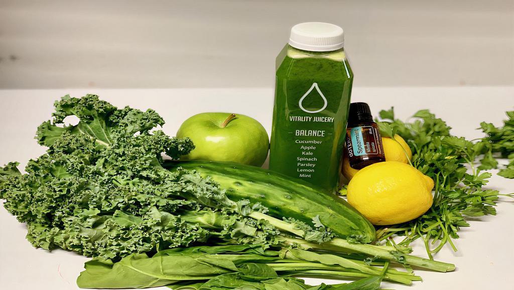 Balance · Cucumber, Apple, Kale, Spinach, Parsley, Lemon, doTERRA Spearmint.

Everyone gets out of balance...

This yummy juice helps bring things back into balance with lots of greens for energy combined with apple and lemon for a sweet and sour balance.

Benefits are energy, digestive aid, and antioxidants!

Calories              141
Protein               4 G
Carbohydrate   34 G
Sugars               24 G
Fat                      1 G