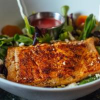 Salmon Salad · Organic mixed greens, apricots, dried cherries, walnuts, gorgonzola cheese topped with north...