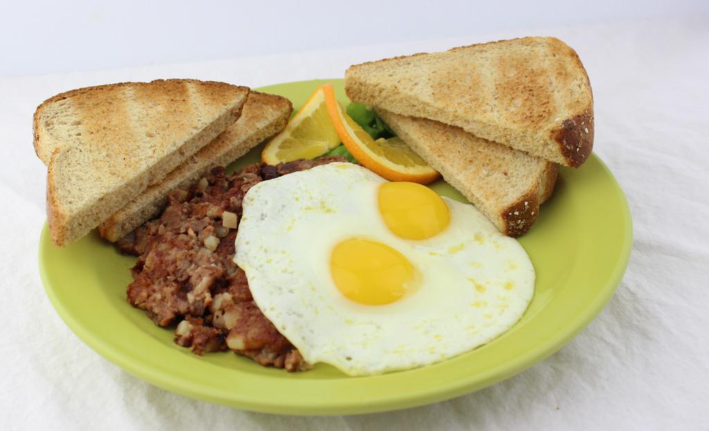 Hash & Eggs · Corned beef hash covered with two fresh-cracked eggs any style.