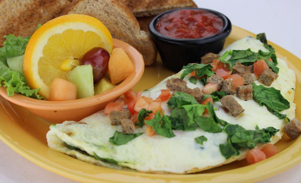 Lean & Green · Egg whites, spinach, turkey sausage, and diced tomato. Served with our homemade salsa.