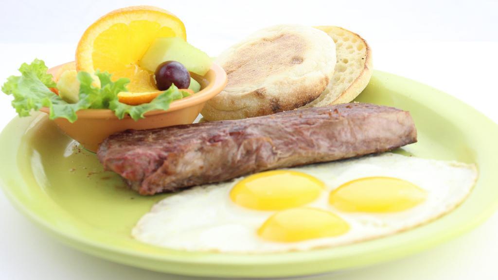Steak & Eggs · Three eggs any style, a seasoned premium sirloin steak.
