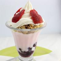 Yogurt Parfait · Strawberry low-fat yogurt layered with granola, blueberries, and strawberries. Topped with w...