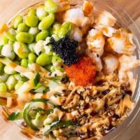 Crunch Bowl · Jalapeno, cucumber, scallions, edamame, tobiko, crunch, and spicy aioli & samurai.
