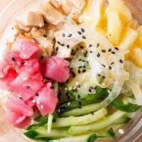 Aloha Bowl · Pineapple, cucumber, scallions, jalapeno, and Maui onions and sesame vinaigrette.