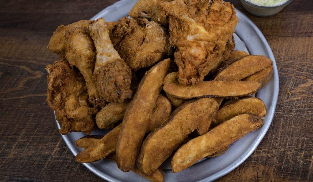20 Piece Box · Serving; 10 (5) thighs, (5) legs, (5) wings, (5) breasts with jo-jo's.