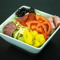 Antipasto Salad · Serving; 2 lettuce, tomato, provolone cheese, black olives, ham, salami, pepperoni, mild ban...