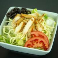 Grilled Chicken Salad · Serving; 2 lettuce, all white meat diced chicken, provolone cheese, black olives, tomato & y...