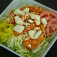 Grilled Buffalo Chicken Salad · Serving; 2 lettuce, tomato, mild banana pepper rings, provolone & feta cheese & your choice ...