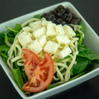 Spinach Salad · Serving; 1 fresh spinach, feta & provolone cheese, black olives, tomatoes & your choice of d...