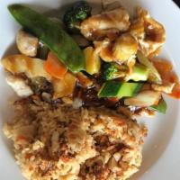 L(8). Chicken W. Mixed Vegetables · Chicken, broccoli, mushrooms, snow peas, carrots, bamboo shoot, water chestnuts, and Napa ca...