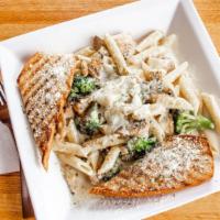 Chicken Alfredo · Penne pasta with grilled chicken breast and coved with creamy Alfredo sauce, broccoli, mushr...