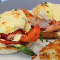 Lobster Benedict · poached eggs, lobster, asparagus, tomato,
hollandaise, english muffin, served with
hashbrowns