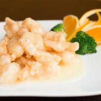 Crispy Shrimp With Lemon Sauce · Cooked until crispy and covered in a sweet and lemon sauce.