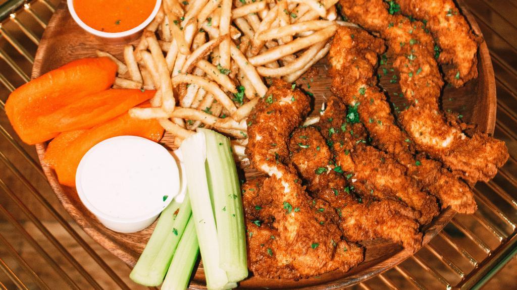 Chicken Tenders · Hand-battered, buttermilk chicken tenders with your choice of side and sauce.