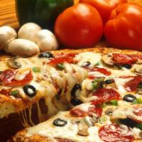 Deluxe Pizza · Italian sausage, pepperoni, mushrooms, green peppers, black olives, onions and mozzarella ch...