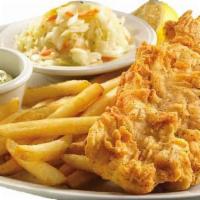 Fish 'N' Chips · Beer battered Alaskan cod, tarter sauce, fries, coleslaw.