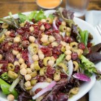 House Salad · Organic mixed field greens, red onion, chickpeas, dried cranberries, olives & herbs, with ou...