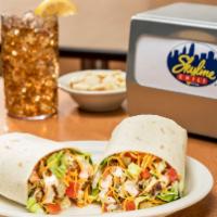 Classic Chicken Wrap · Diced chicken breast, lettuce, tomatoes, shredded cheddar cheese and chili ranch dressing.