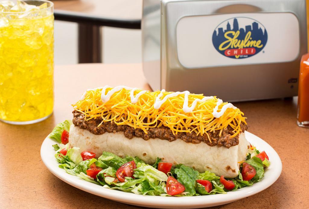 Original Deluxe Burrito · Skyline bean mix in a tortilla, topped with our secret-recipe chili, tomatoes, lettuce, shredded cheddar cheese and sour cream.