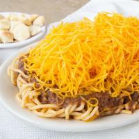 3-Way · Our signature dish, steaming spaghetti, covered with original, secret-recipe skyline chili, ...