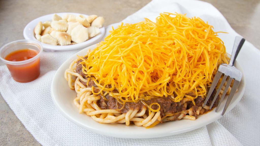 3-Way · Our signature dish, steaming spaghetti, covered with original, secret-recipe skyline chili, topped with a mound of shredded cheddar cheese.