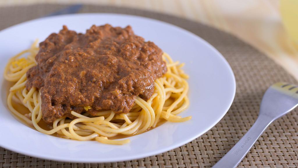 Chili Spaghetti · Steaming spaghetti covered with our original secret-recipe skyline chili.