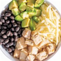 Los Niños Bowl · Brown rice, roasted chicken, black beans, avocado, local Colby, olive oil, and lime squeeze.