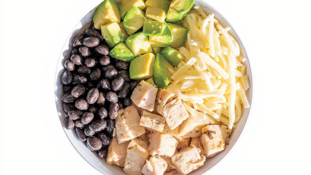 Los Niños Bowl · Brown rice, roasted chicken, black beans, avocado, local Colby, olive oil, and lime squeeze.
